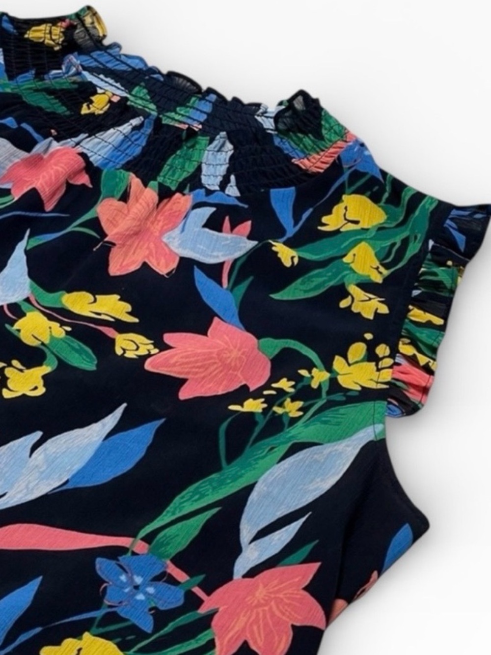 J.Crew Tropical Floral Smocked Ruffle Shell Top Size 14 Navy Pink - Picture 5 of 6